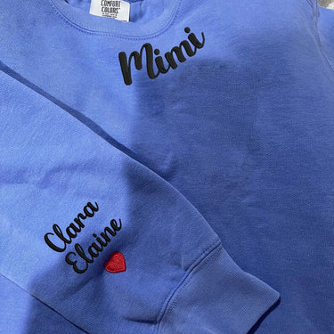 Comfort Colors® Custom Mama Embroidered Sweatshirt With Names On The Sleeve, Mom Crewneck, Gigi Crew Shirt, Custom Neckline Shirt